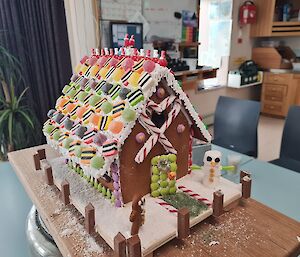 A confectionery laden gingerbread house made for Christmas by the team at Mawson station