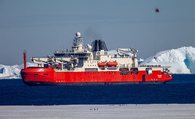 An orange and white ship with ice formations in the background. A red helicopter flies above, carrying cargo from the ship.
