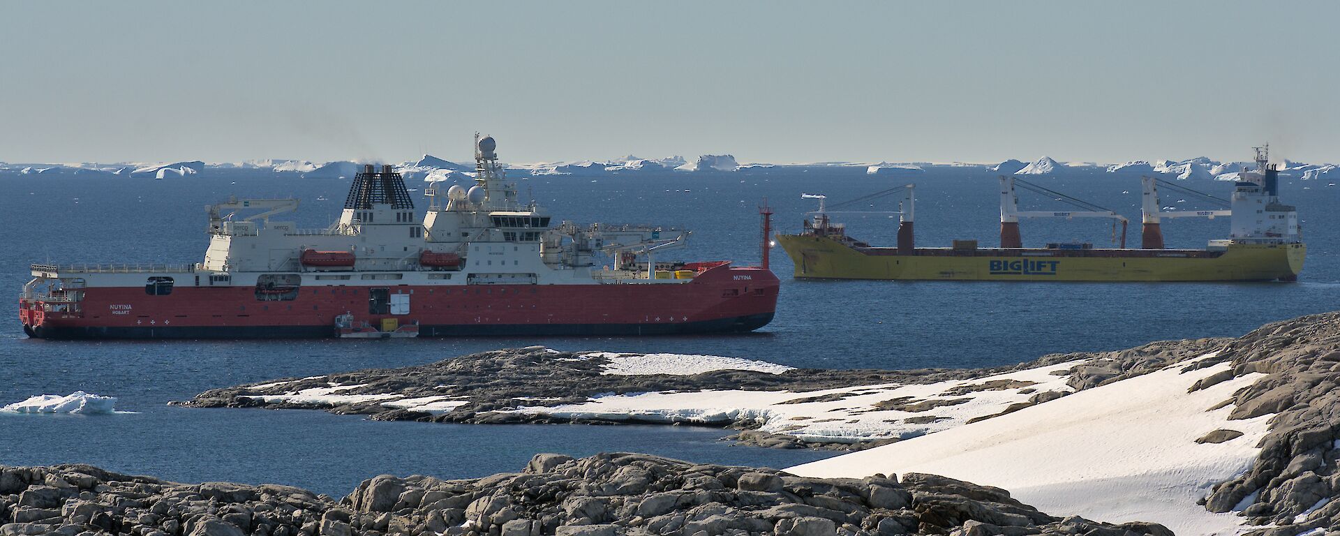 Two large ships, one with a red hull, the other with a yellow hull, beside each other in the ocean, viewed over a rocky and snowy coastline. A number of icebergs are floating in the background, on the ocean horizon