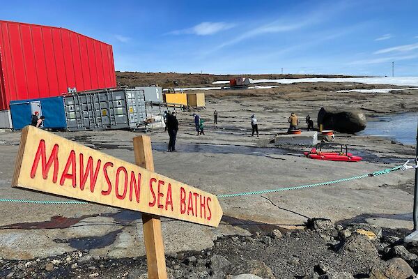 The Mawson sea baths sign down at the shorefront for our Australia Day swim