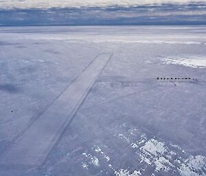 Aerial photo of the Woop Woop skiway on an ice plateau