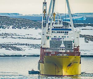 The cargo transport ship in the bay, viewed facing the bow. Large, bluish icebergs are in the background