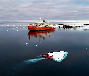 small boats push small ice berg