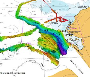 A map overlaid with 3D coloured contours showing seafloor features