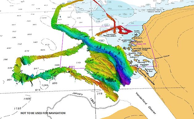 A map overlaid with 3D coloured contours showing seafloor features