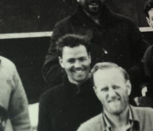 black-and-white photo of men in Antarctica