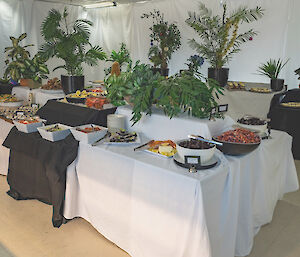 The Christmas dinner smorgasbord, with serving dishes arranged around a table with pot plants as centrepieces