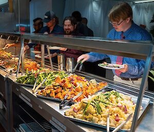 People serving themselves dinner from a row of dishes containing meat, fish and vegetables