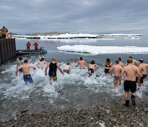 A view from behind of a group of people in swimming gear, running into the ocean from a stony beach. Large pieces of sea ice are floating in the near and far distance