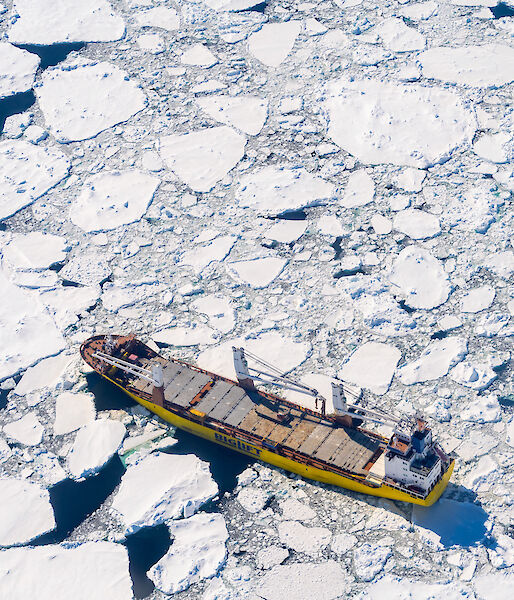 A big ship is surrounded by sea ice