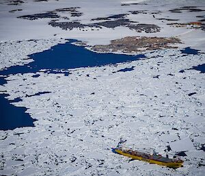 ship in ice off Antarctic coast