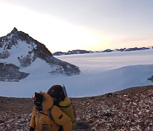 Expeditoners, David Kolfen, Gemma Woldendorp and Aaron Coleman, on the long ridge to Mt Elliot in the Central Masson range near Mawson