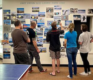 Five people examining individual photos on a wall covered with photos. Above the photo display are the words "Casey Station 21/22 Summer Photo Comp"