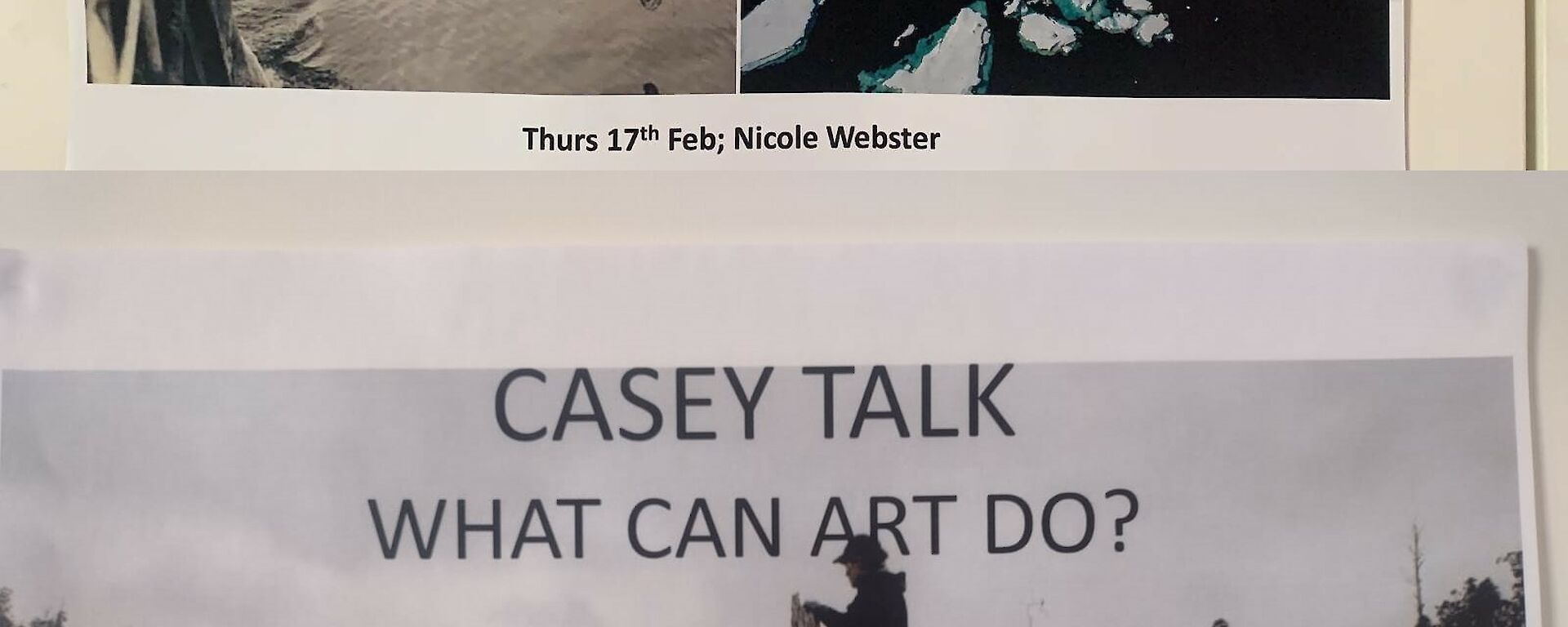 Two posters printed on A4 paper hung on a wall. The first features photos of ships in an icy Southern Ocean, with text: "Casey Talk: The Future of Antarctica's Marine Science - by Nicole Webster". The second poster features a photo of a person standing on the ruined stump of a large tree in a forest logging area, with text: "Casey Talk - What Can Art Do? - by Janet Laurence"