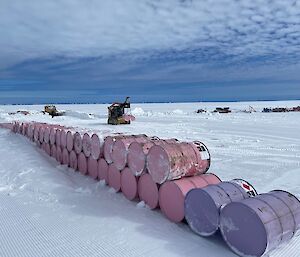 A row of pink fuel drums in the snow
