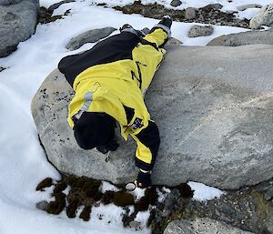 woman lies face down on rock with magnifying glass