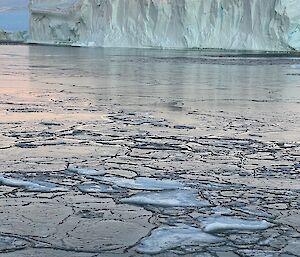 In foreground sea-ice is forming and has developed into pancake shapes, over other side of the bay a large iceberg is spotlit by sunset colours