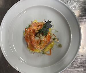 Prawn and mango salad on a white plate