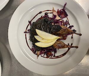 Grilled quail in vine leaves on a white plate