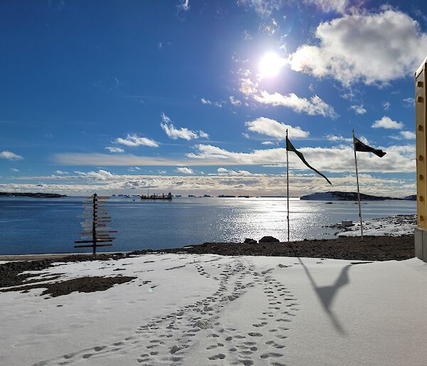 An ocean view with blue sky, snow on the ground and some flags