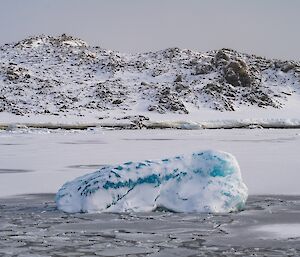 A small blue iceberg, largely coated with snow, floating close to shore in water covered with plates and sheets of grey-white ice. A snow-covered hill rises in the background