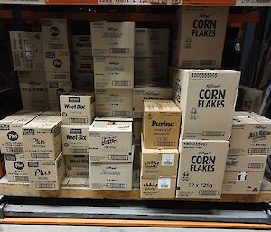A pallet of cereal boxes stored on shelves