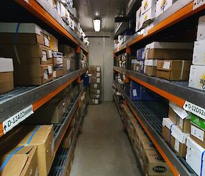 A large walk in freezer with shelves of frozen food