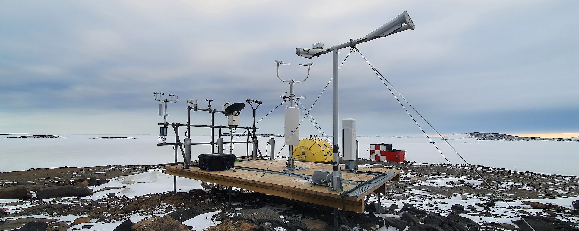 Weather instruments sit on rocks and ice under a grey sky