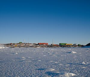 Flat sea-ice stretching across foreground with the colourful sheds of the station on the rocks in the distance, blue skies above