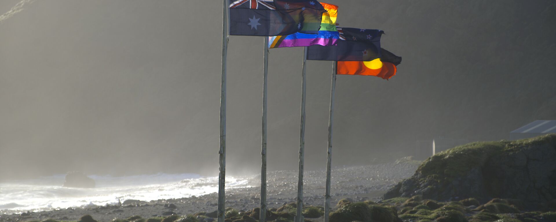 Four flag poles stand on the windy shore of Macquarie Island