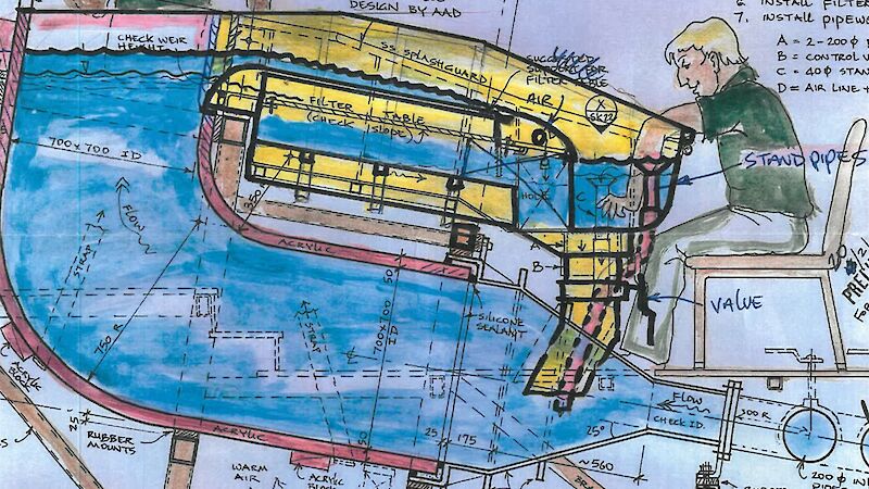 A drawing of the wet well used to capture krill. It shows a person seated over a water tray connected to pipes