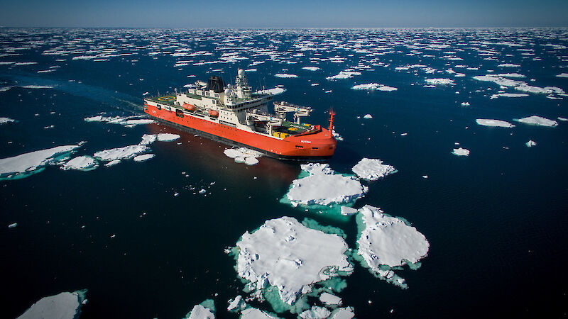 A red ship sails fast small icebergs