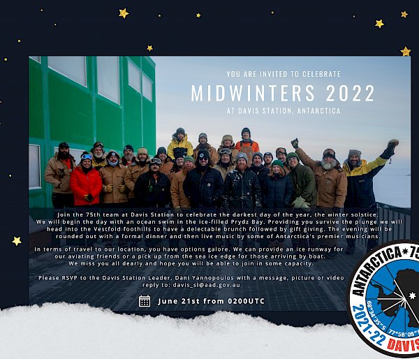A photo of the Davis winter crew with an invitation to Mid-winter celebrations