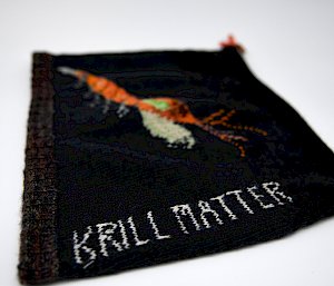 A beanie with a woven illustration of krill