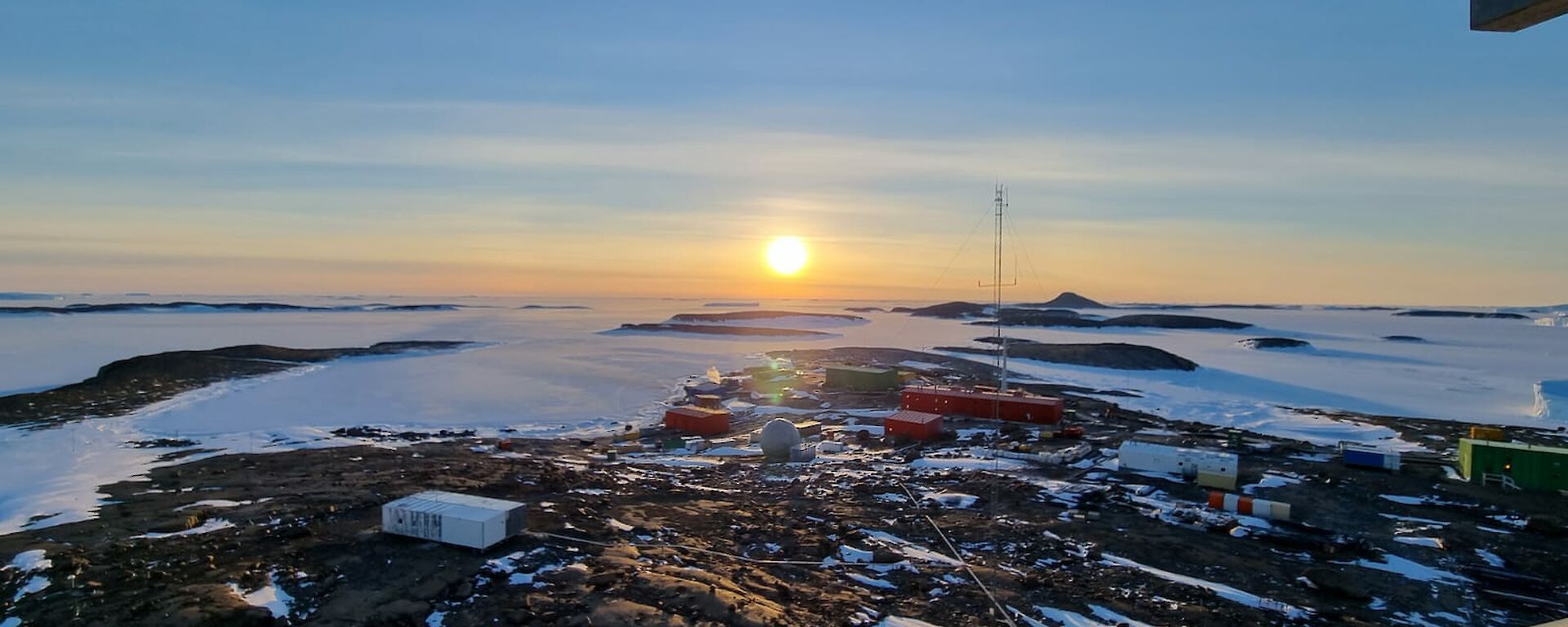 View from top of the wind turbine across Mawson station and the sea ice in the distance