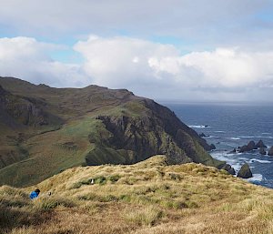 Grassy hills drop steeply to a rocky shore and blue ocean