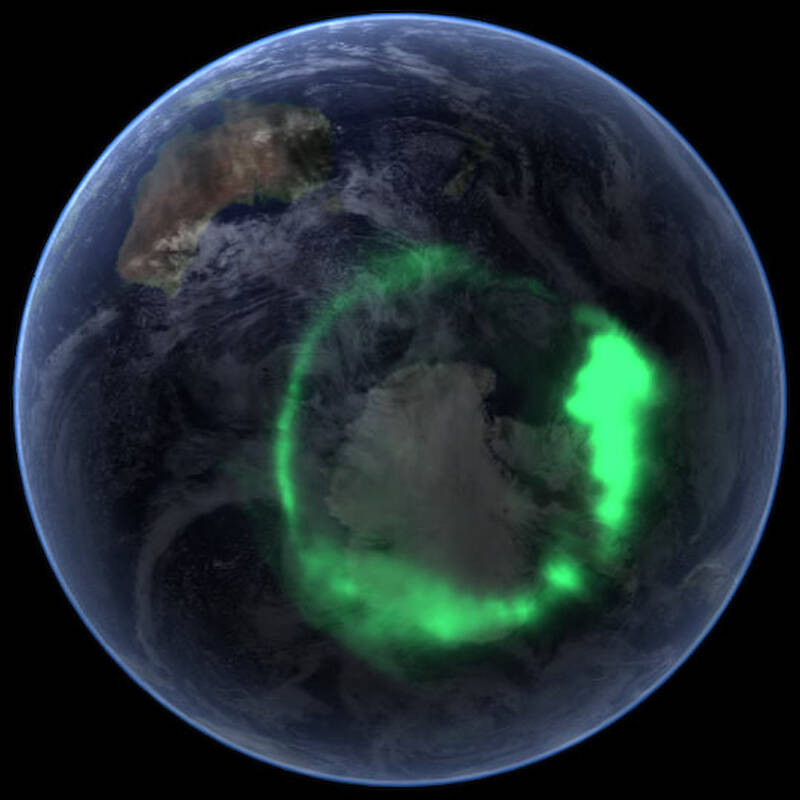 A green aurora seen from space, over Antarctica.