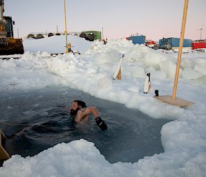 A man swims in a hole cut through the ice