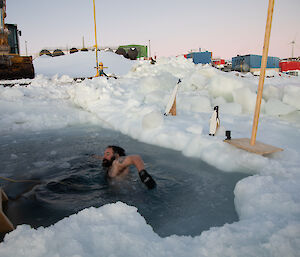 Man in hole in sea-ice preparing to take a freestyle stroke