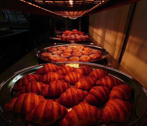 Platters of food under a heated light