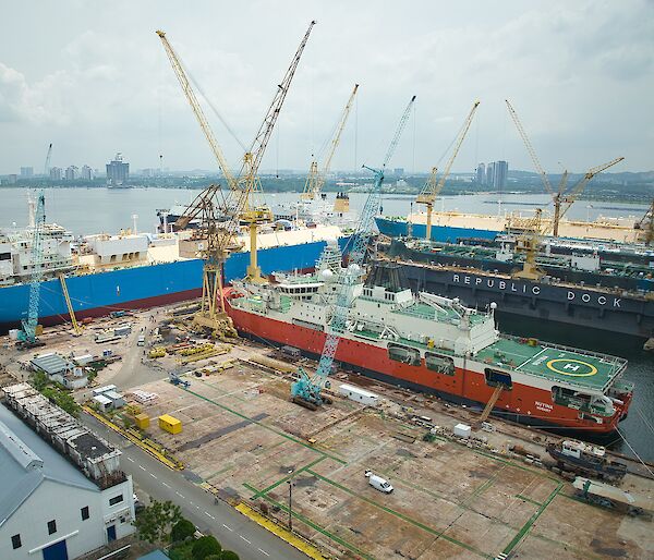 aerial view of ship in docks