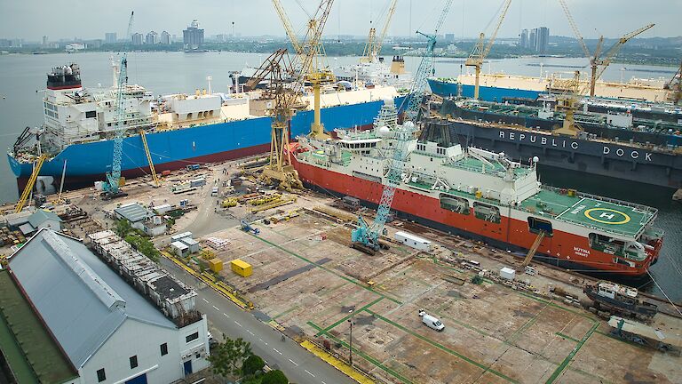 aerial view of ship in docks