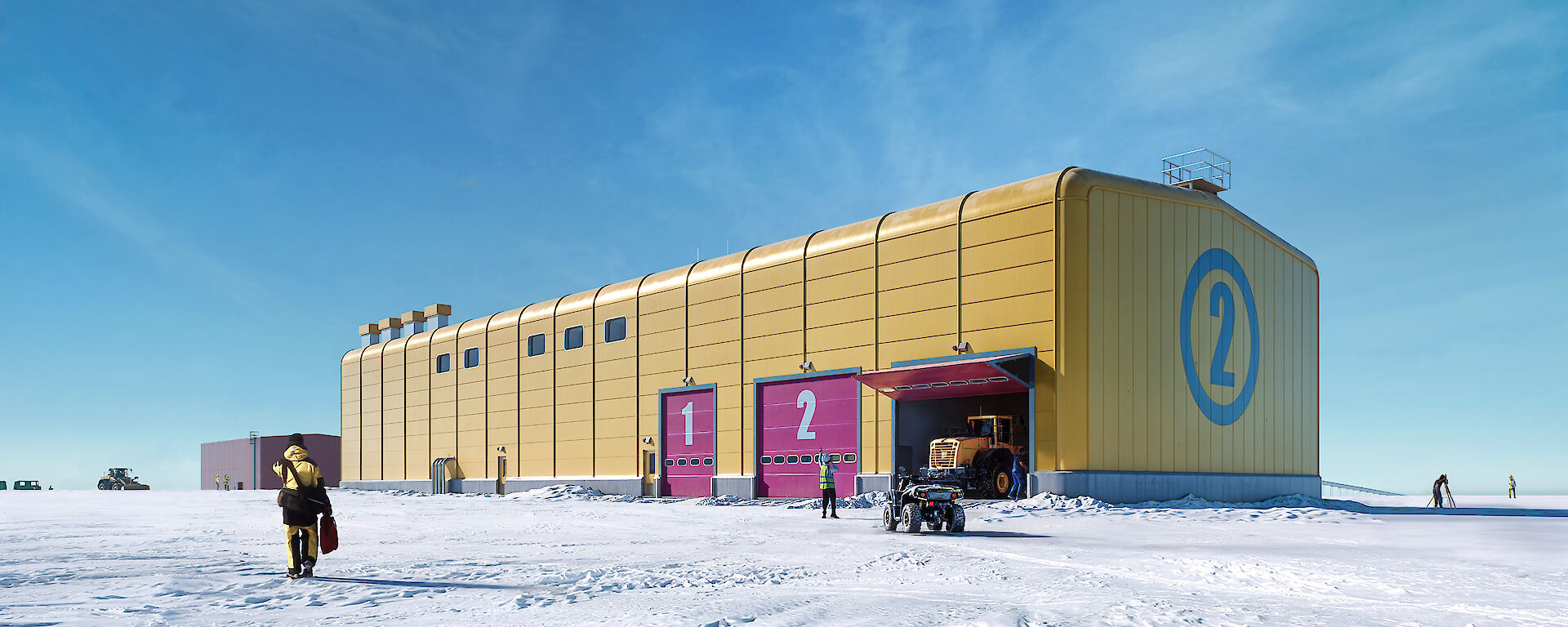 A digital rendering external view of a Mechanical Workshop, with people and vehicles throughout.
