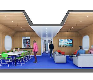 A digital rendering cross-section view inside a pod room, with people and furniture throughout.