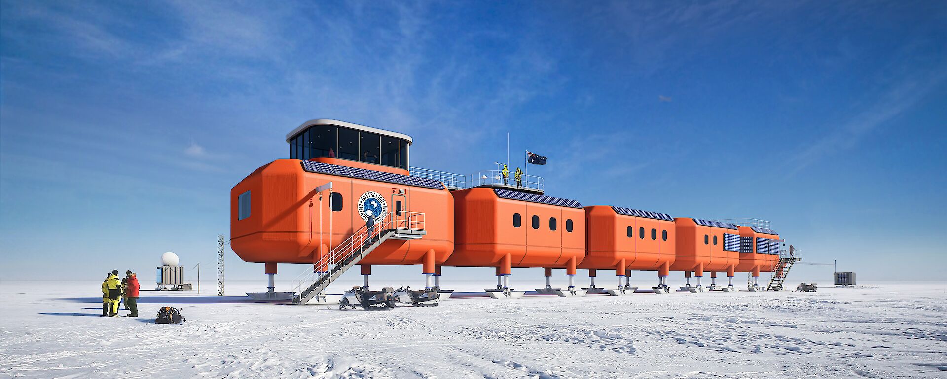 A digital rendering of large red containerised buildings on stilts in a snowy landscape.