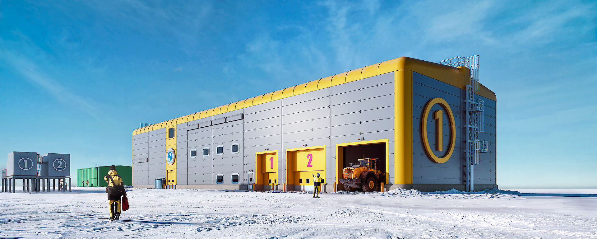 A digital rendering external view of a utility building and workshop, with people and vehicles throughout. The building has silver-coloured sides and a yellow roof and trim.
