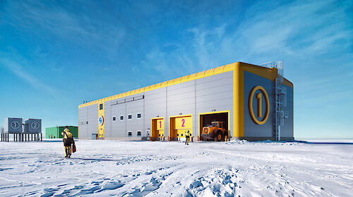 A digital rendering external view of a utility building and workshop, with people and vehicles throughout. The building has silver-coloured sides and a yellow roof and trim.