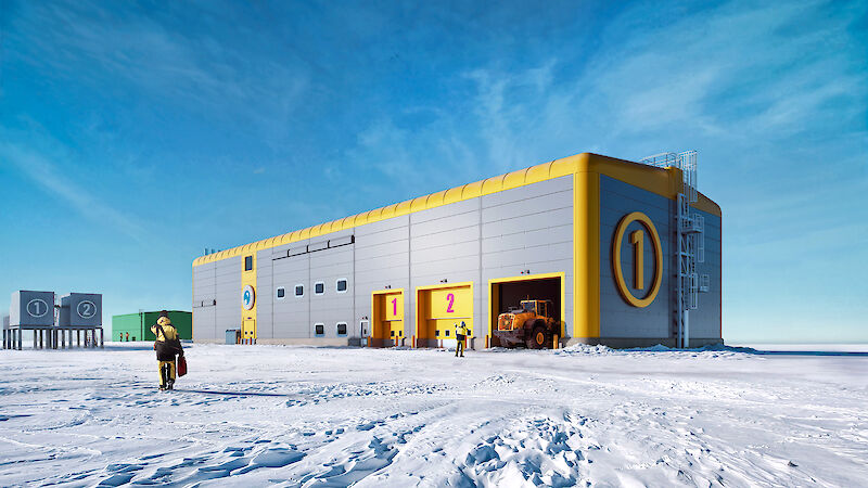 A digital rendering external view of a utility building and workshop, with people and vehicles throughout. The building has silver-coloured sides and a yellow roof and trim.