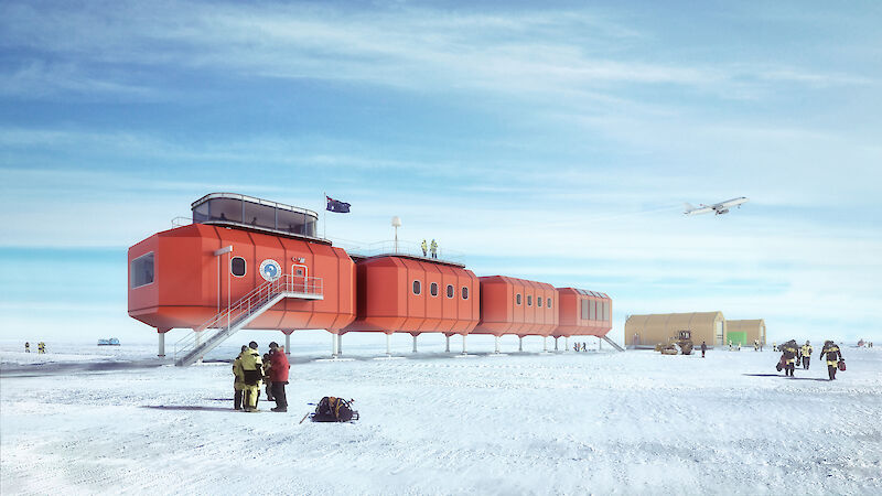 Four connected orange huts on the ice.