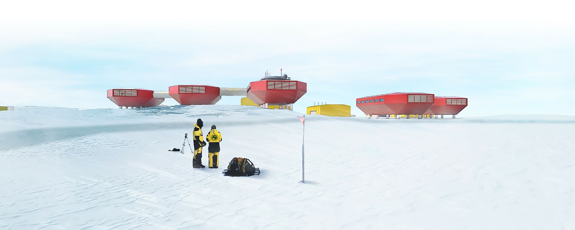 A group of connected orange huts on the ice